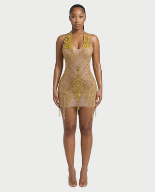 ZYRIL Halter Sheer Crystal Bodycon Mini Dress