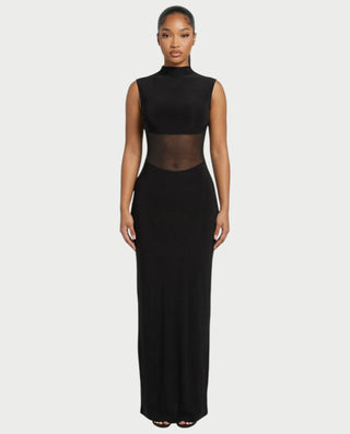 DELTA Sheer Panel Mock-Neck Bodycon Maxi Dress
