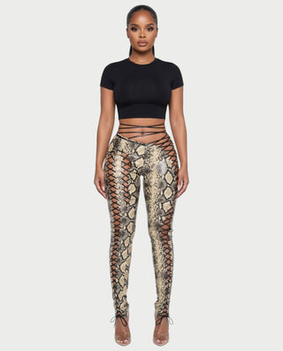 ZELDA Snake Print Lace-Up Cutout Pants