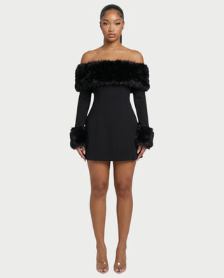 fur trim mini dress Cherri Fur Trim Mini Dress Electric Black