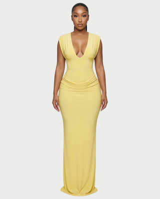 ADLEY Plunge-Neck Ruched Bodycon Maxi Dress