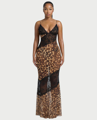 GRETA Leopard Lace Panel Sheer Maxi Dress
