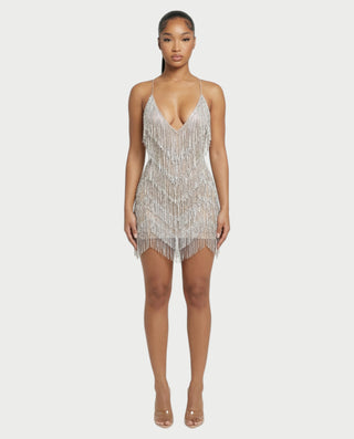 KRISSE Backless Crystal Diamond Tassel Mini Dress