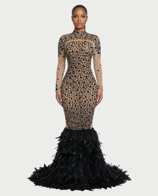 SOSANE Diamond High-Neck Feather Mermaid Maxi Dress