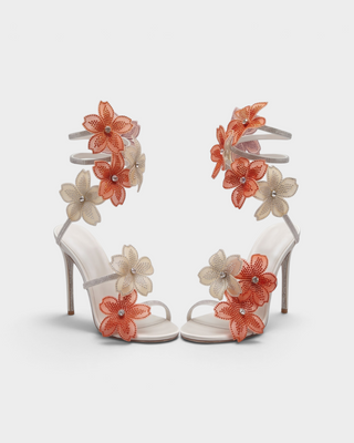 PALMERA Rhinestone Floral Appliqué Ankle-Wrap Stiletto Heels