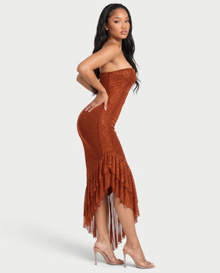 WILLIA Strapless Rhinestone Ruffle Hem Bodycon Maxi Dress