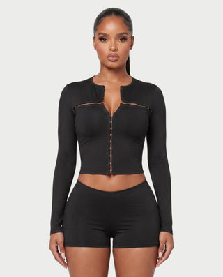 SAYLOR Hook-Front Long Sleeve Top & Mini Shorts Set