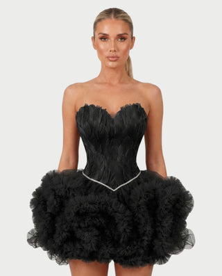 KLARINA Feather Corset Ruffle Tulle Mini Dress