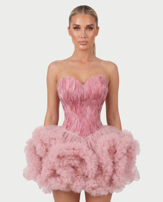 KLARINA Feather Corset Ruffle Tulle Mini Dress