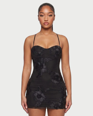LYSENNE Floral Lace-Up Back Mini Dress