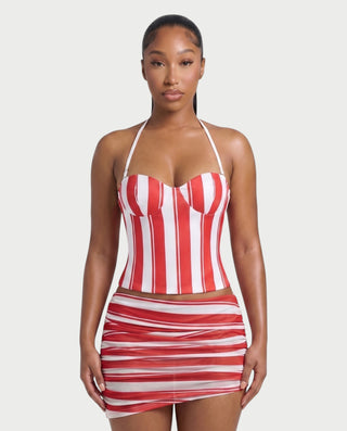 RAVENNA Striped Lace-Up Back Halter Top & Sheer Mini Skirt Set