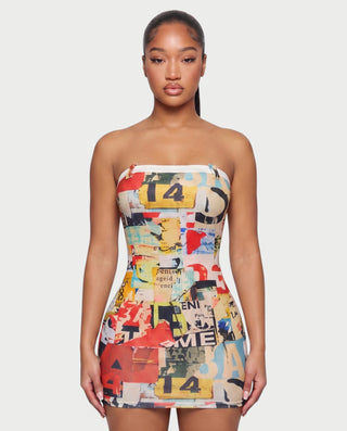 YURA Graphic Patchwork Tube Mini Dress
