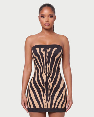 ELIA Zebra Print Strapless Bodycon Mini Dress