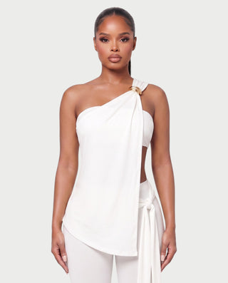 AVELISE One-Shoulder Ring Drape Top & Capri Pants Set