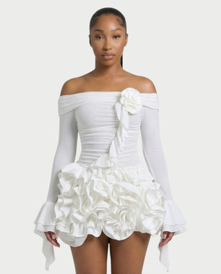 URELLE Off-Shoulder Ruched Top & Ruffle Mini Skort Set
