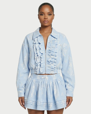 VETTE Ruffled Lace Zip-Up Jacket & Mini Skirt Set