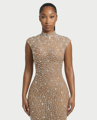 MORIA Crystal High-Neck Bodycon Maxi Dress