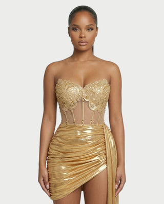 YUINE Lace-Up Draped Corset Mini Dress