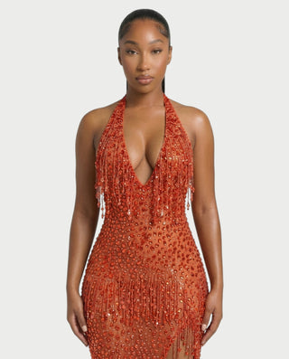 MYRIZ Rhinestone Halter Draped Tassel Maxi Dress