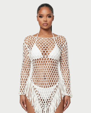 RESSA Open-Knit Tassel Swim Cover-Up Dress
