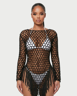 RESSA Open-Knit Tassel Swim Cover-Up Dress