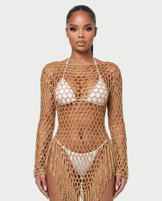 RESSA Open-Knit Tassel Swim Cover-Up Dress