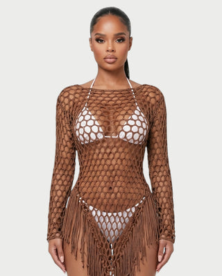RESSA Open-Knit Tassel Swim Cover-Up Dress