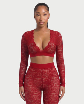 KAMARIA Lace Plunge Neckline Top & Tights Set