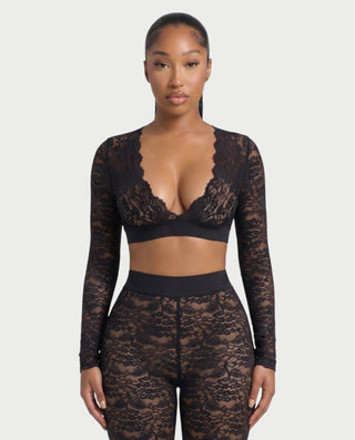 KAMARIA Lace Plunge Neckline Top & Tights Set