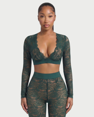 KAMARIA Lace Plunge Neckline Top & Tights Set