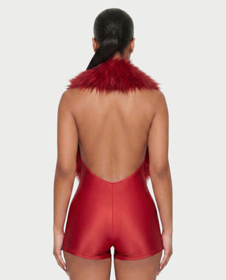 Mono de satén con plumas sintéticas y cuello en V profundo de LANNY