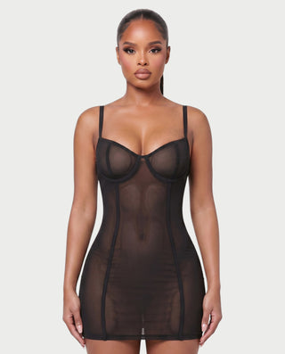 CAROLINA Sheer Mesh Low Cut Cami Mini Dress