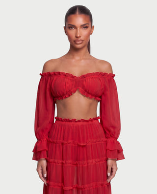TALSIE Ruffle Off-Shoulder Top & Tiered Maxi Skirt Set