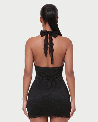 NERVA Plunge Lace Bodycon Halter Mini Dress
