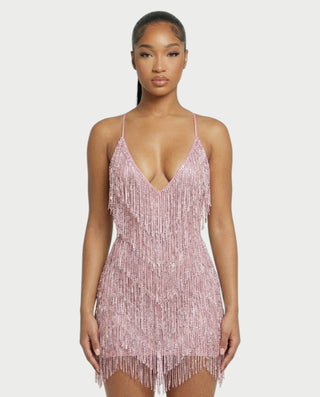 KRISSE Backless Crystal Diamond Tassel Mini Dress