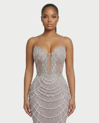 MIRYN Sheer Crystal Beaded Corset Maxi Dress