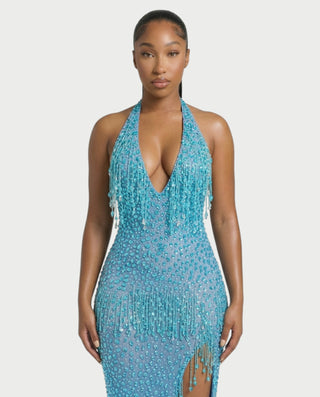MYRIZ Rhinestone Halter Draped Tassel Maxi Dress