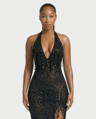MYRIZ Rhinestone Halter Draped Tassel Maxi Dress
