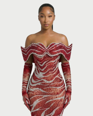 NELKA Rhinestone Off-Shoulder Mesh Maxi Dress