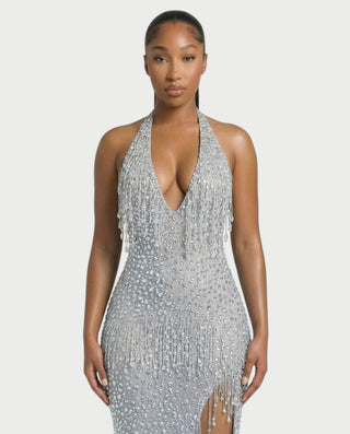 MYRIZ Rhinestone Halter Draped Tassel Maxi Dress