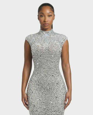 MORIA Crystal High-Neck Bodycon Maxi Dress