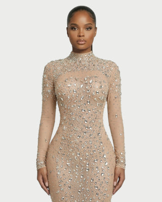 SOSANE Diamond High-Neck Feather Mermaid Maxi Dress