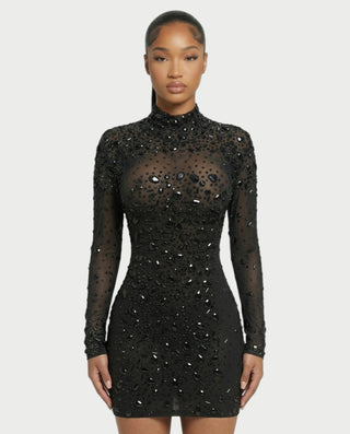 ROLANE Sheer Mesh Rhinestone Embellished Bodycon Mini Dress