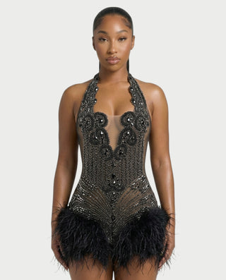 MIRAL Feather Trim Rhinestone Halter Mini Dress