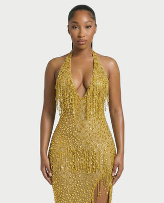 MYRIZ Rhinestone Halter Draped Tassel Maxi Dress