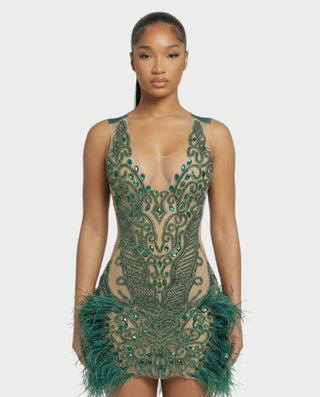 DARIA Emerald Crystal Feather Trim Mini Dress