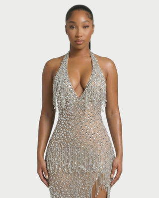 MYRIZ Rhinestone Halter Draped Tassel Maxi Dress