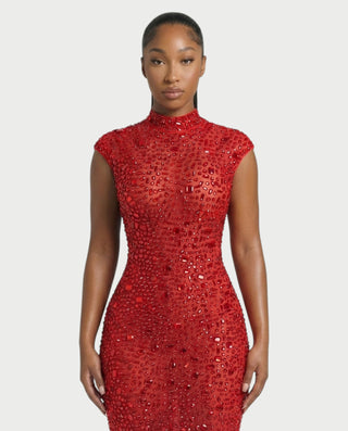 MORIA Crystal High-Neck Bodycon Maxi Dress