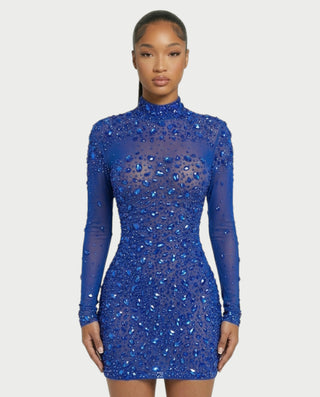 ROLANE Sheer Mesh Rhinestone Embellished Bodycon Mini Dress