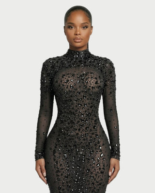 SOSANE Diamond High-Neck Feather Mermaid Maxi Dress